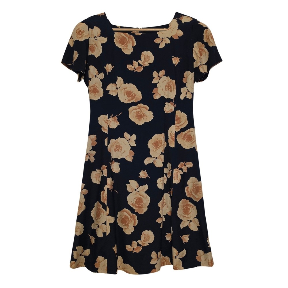 Chois Floral Rose Print Navy Blue Short Sleeve Mini Dress Size Medium